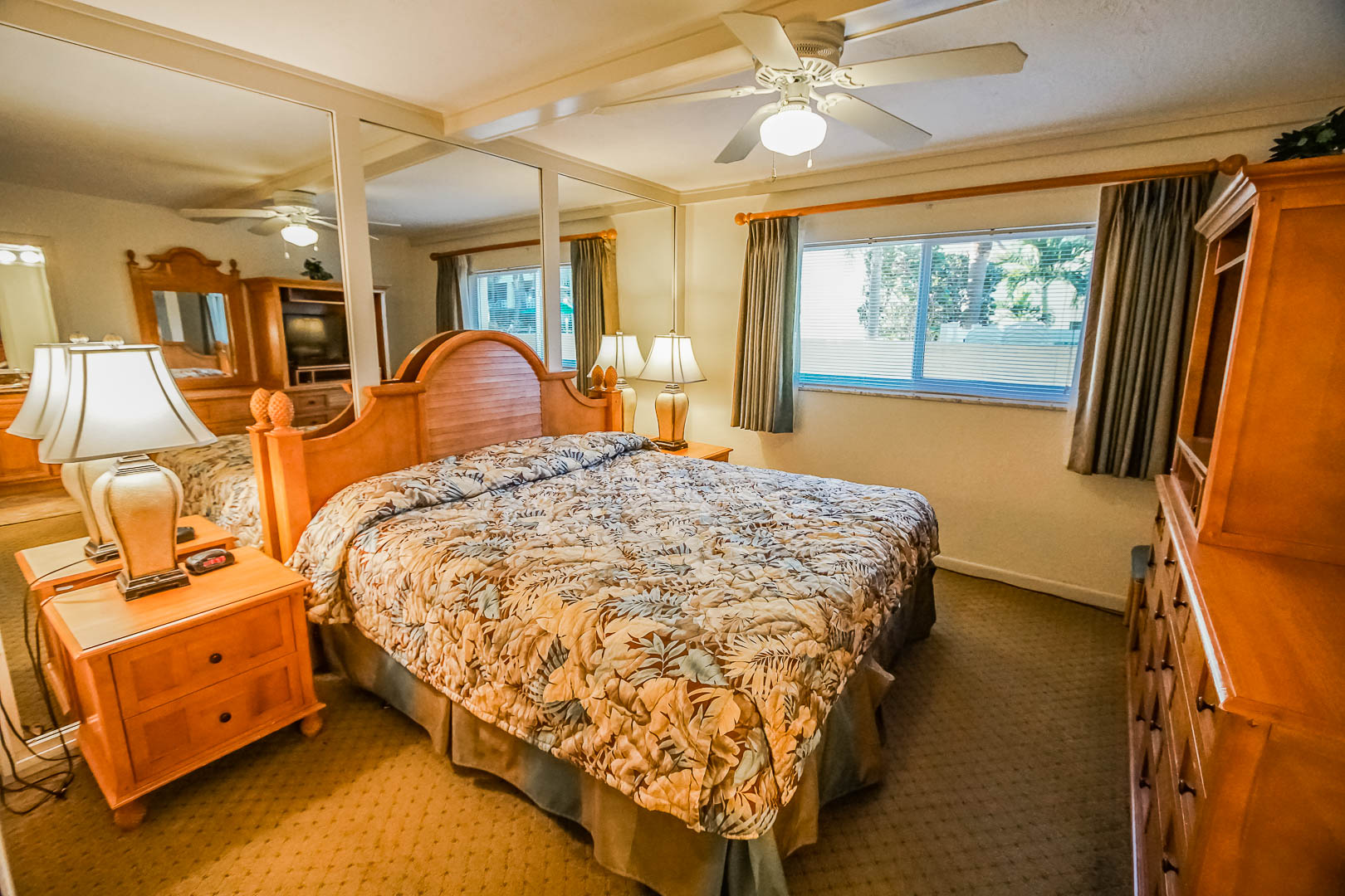 A spacious master bedroom at VRI's Coral Reef Beach Resort in St. Pete Beach, Florida.